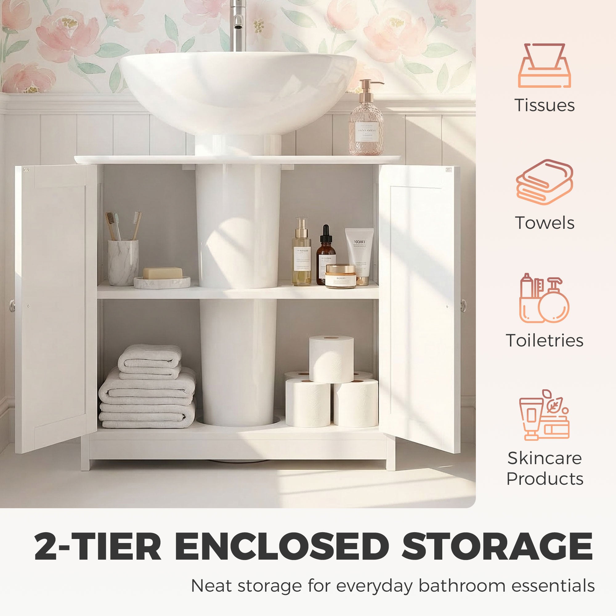 kleankin Under Sink Bathroom Cabinet, Freestanding Under Sink Cabinet with 2 Doors and Adjustable Shelf for Basin without or with Pedestal, White