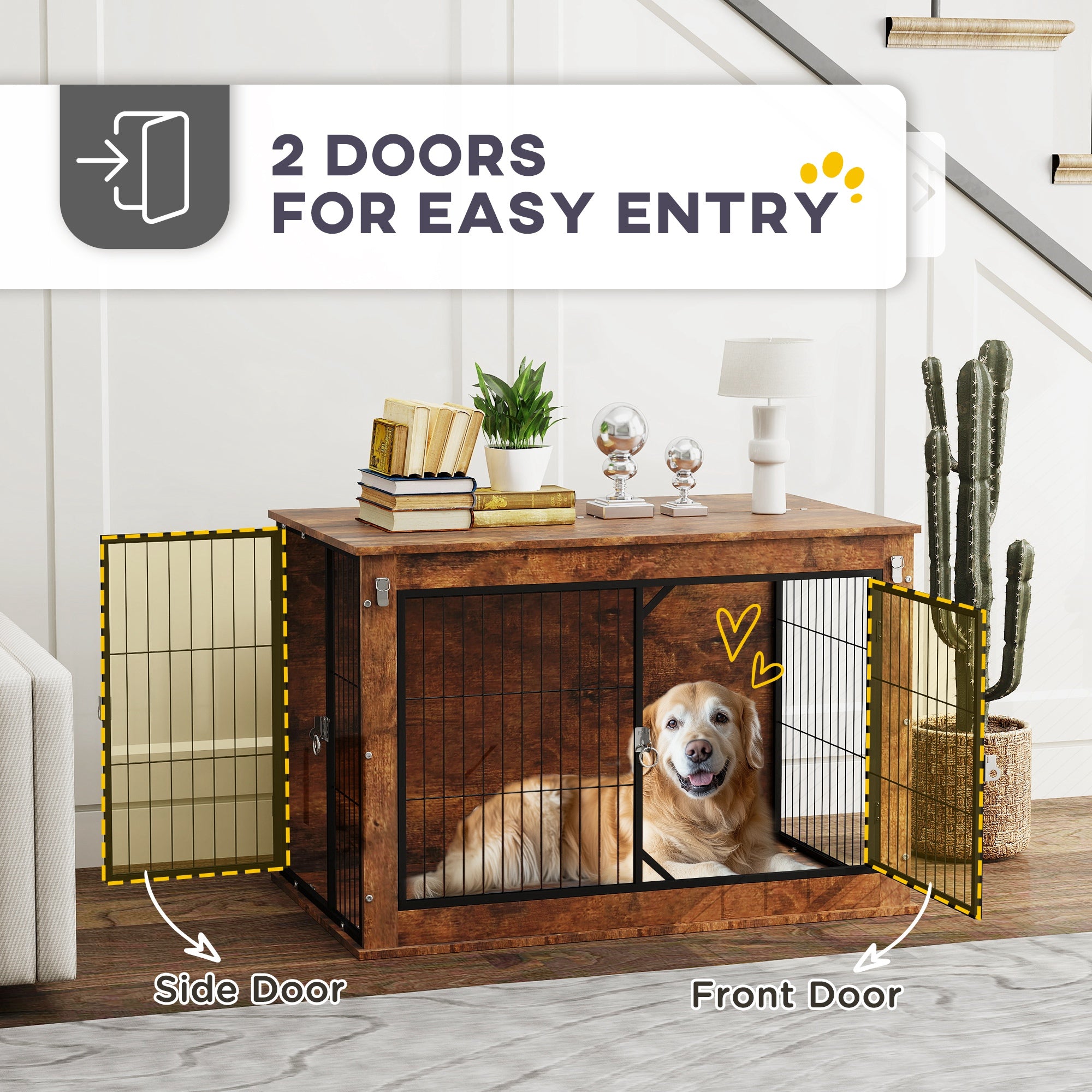 PawHut Dog Crate Furniture with Openable Top, Two Doors, for Large Dogs, Rustic Brown