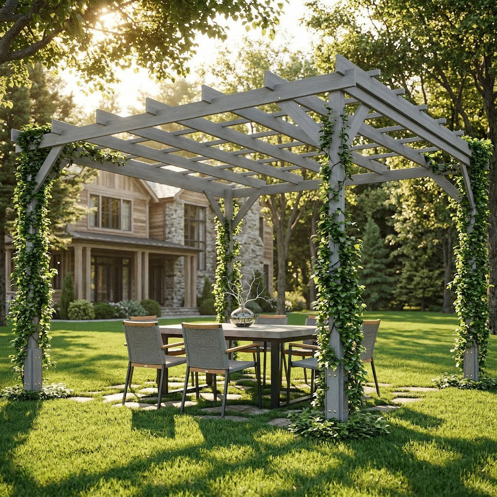 Outsunny 3 x 3 m Wooden Pergola Kit, Decorative Garden Gazebo Shelter with Stable Structure for Climbing Vines, Grey