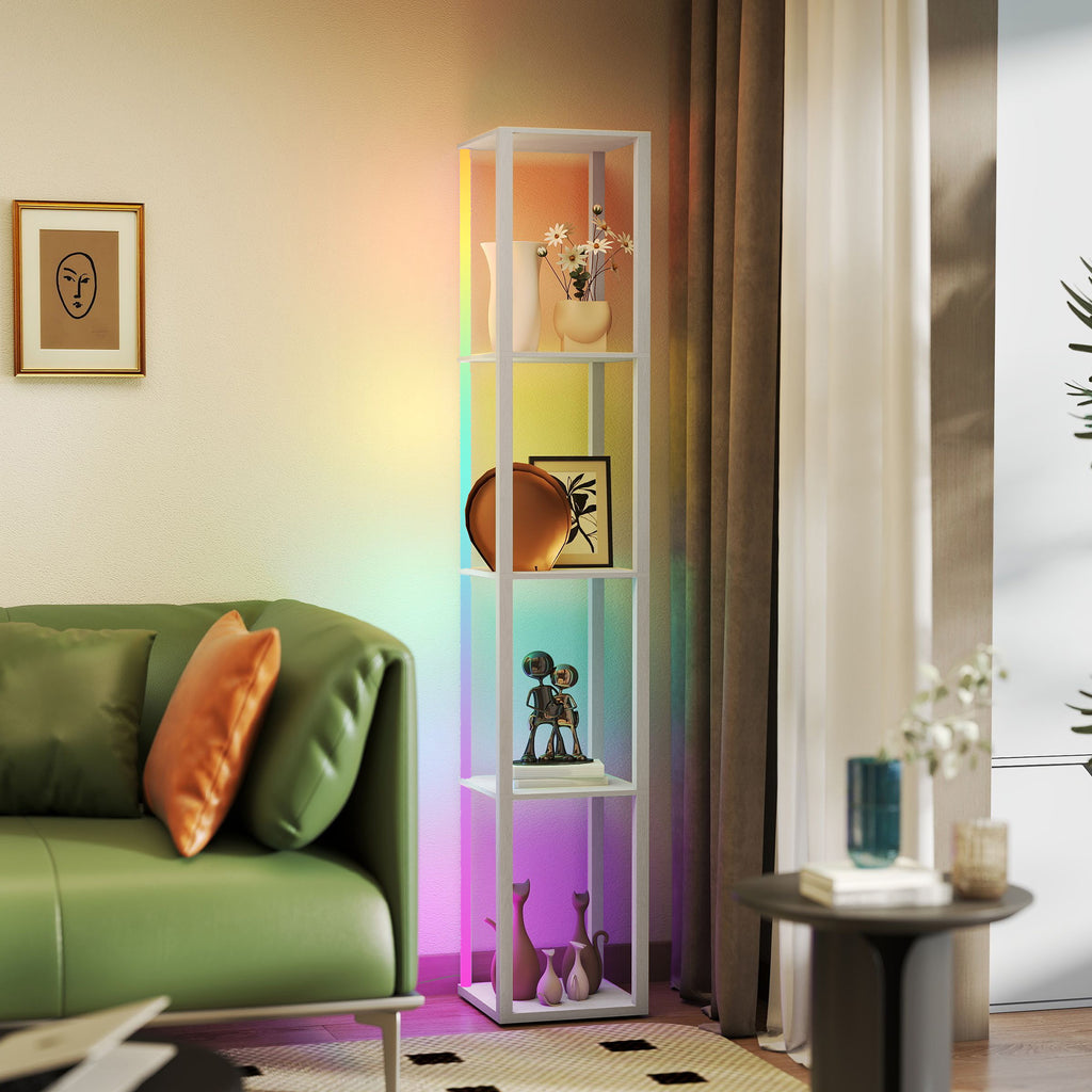 RGB LED Floor Lamp with Shelves, Modern Dimmable Standing Lamp with Remote Control, Adjustable Brightness & Speed for Living Room, Bedroom, Office, White