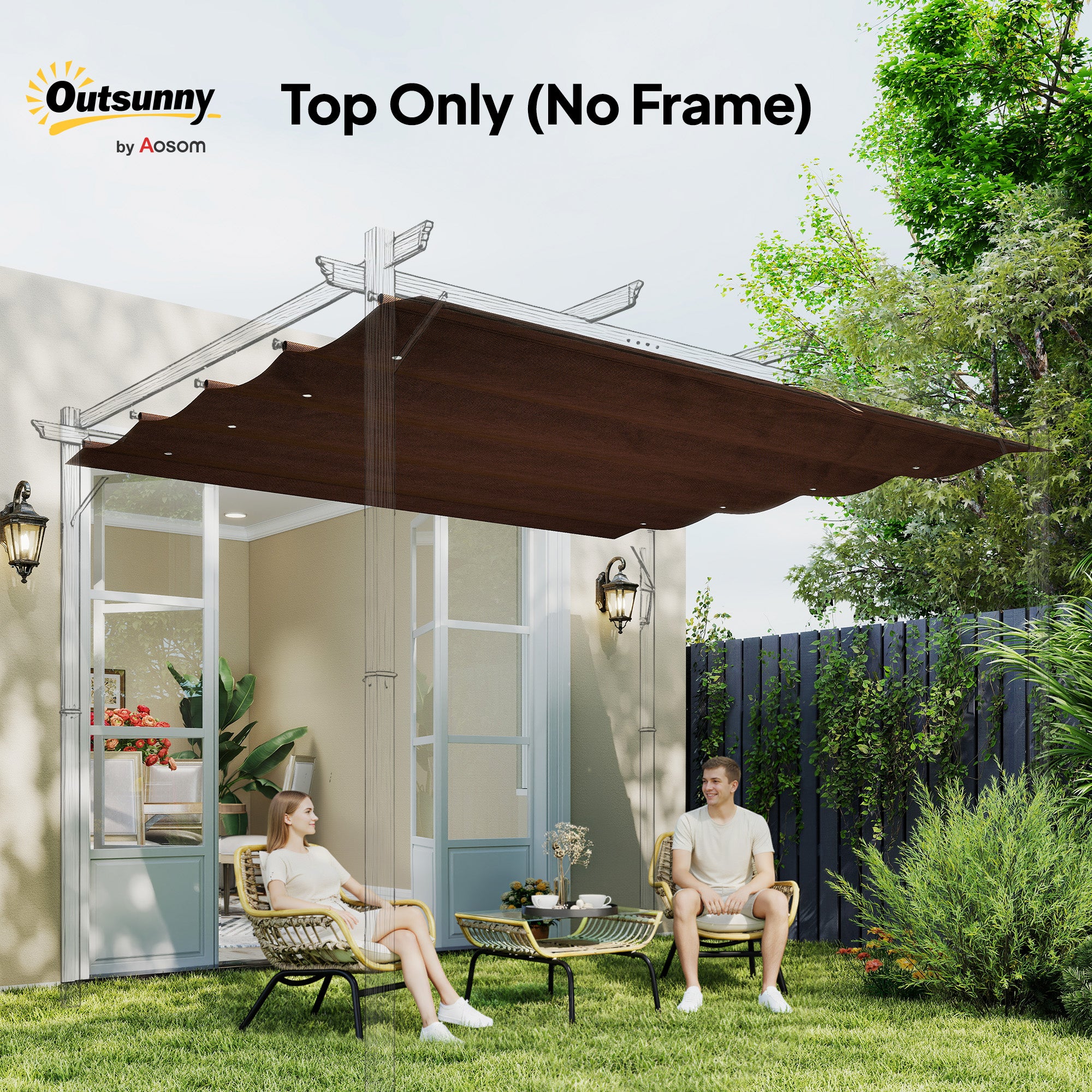 Outsunny Pergola Cover Roof, 2.86 x 2.45 m Retractable Sun Shade Top for 3 x 2m Pergola Frame, UV30+ Protected, Coffee