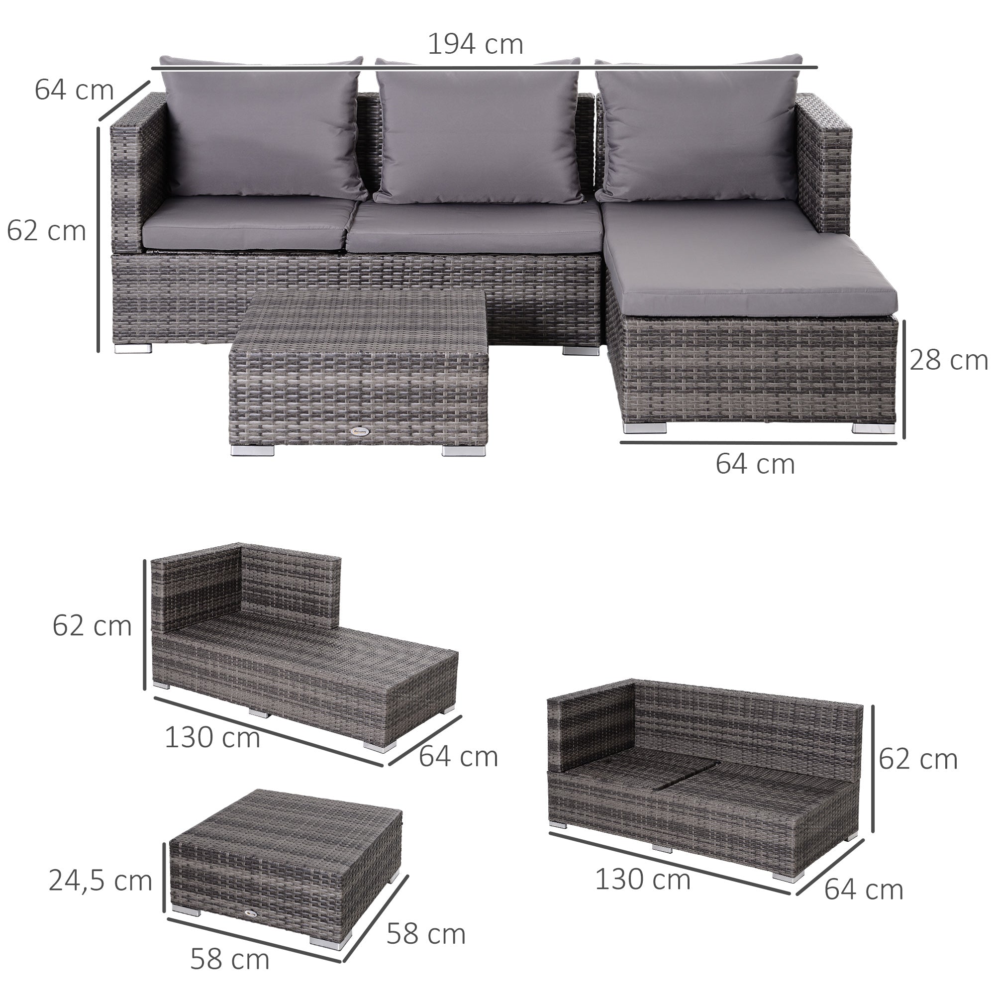Outsunny 3PC Rattan Garden Furniture Storage Sofa Set, 4 Seater Wicker Coffee Table Conservatory Sun Lounger Reclining Set with Cushion, Grey
