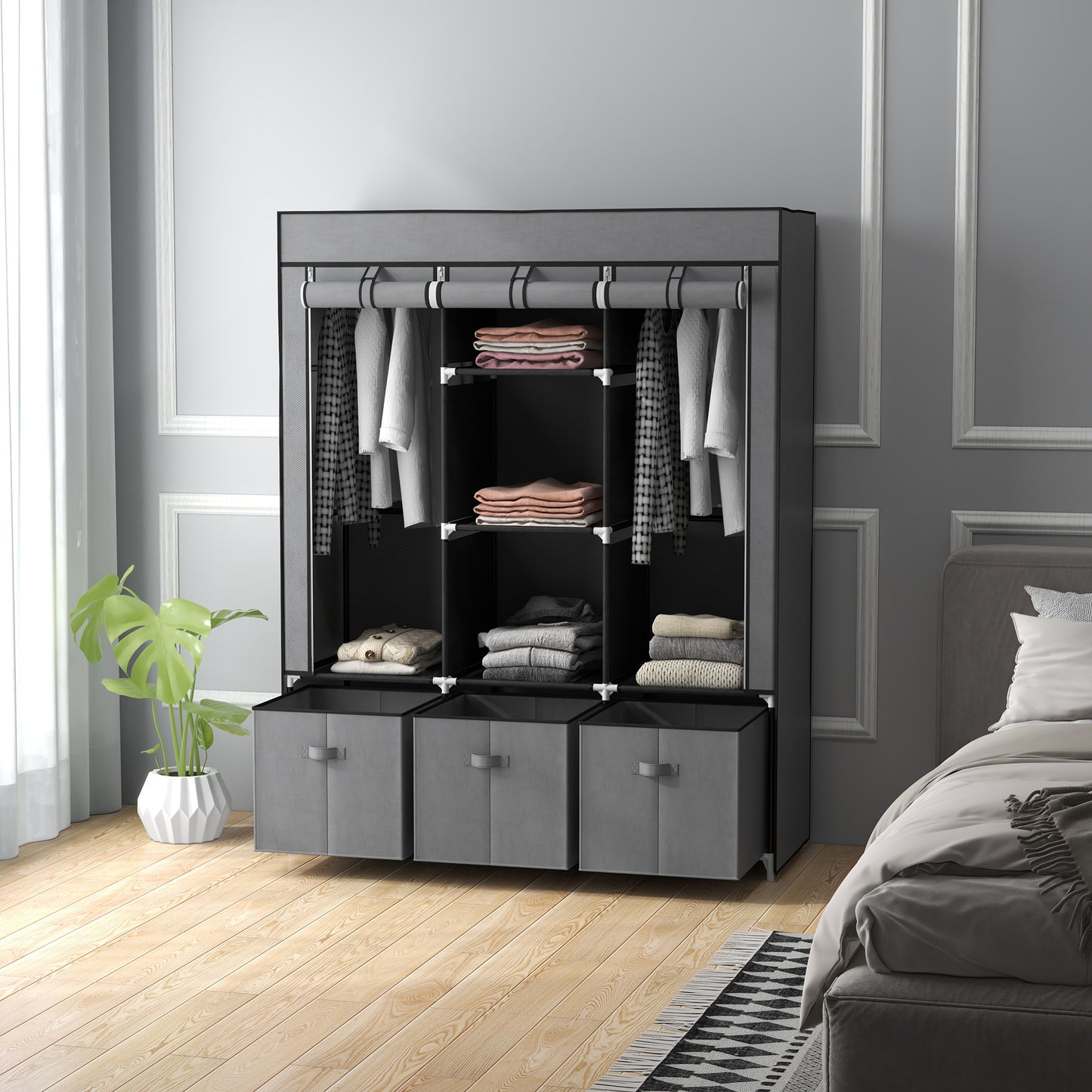 Foldable Fabric Wardrobe for Bedroom, Portable Wardrobe with 5 Shelves, 2 Hanging Rails and 3 Fabric Drawers, Dark Grey