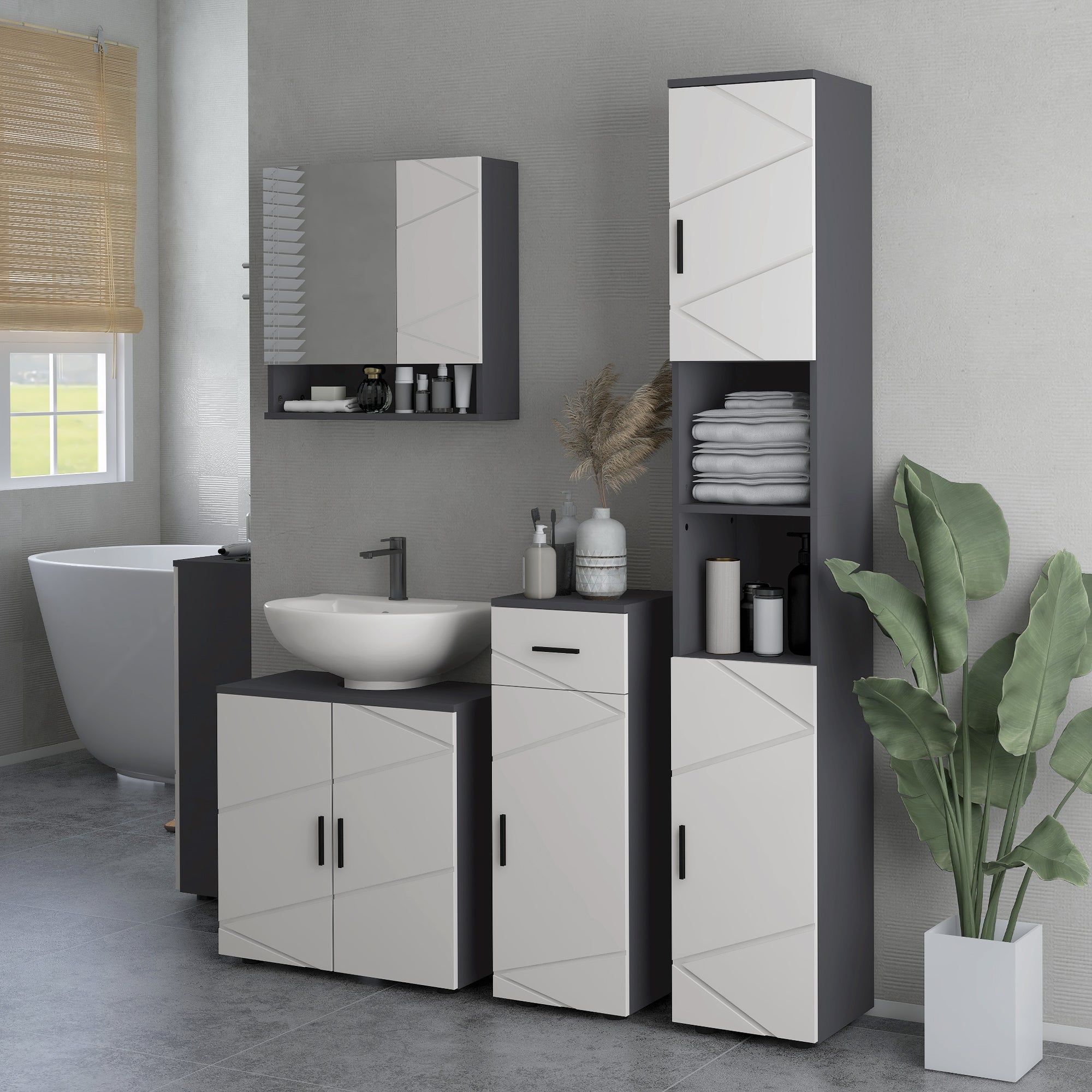 kleankin Line Embossed Tall Bathroom Storage Cabinet with Three-position Adjustable Shelves for Minimalist Style - Grey