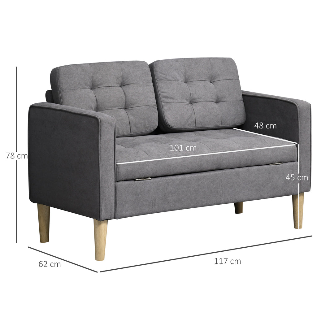 HOMCOM 2 Seater Storage Sofa, Fabric Couch with Hidden Under Seat Storage, Thick Cushions, Compact Space Saving Settee with Rubberwood Legs for Living Room, Apartment, Grey