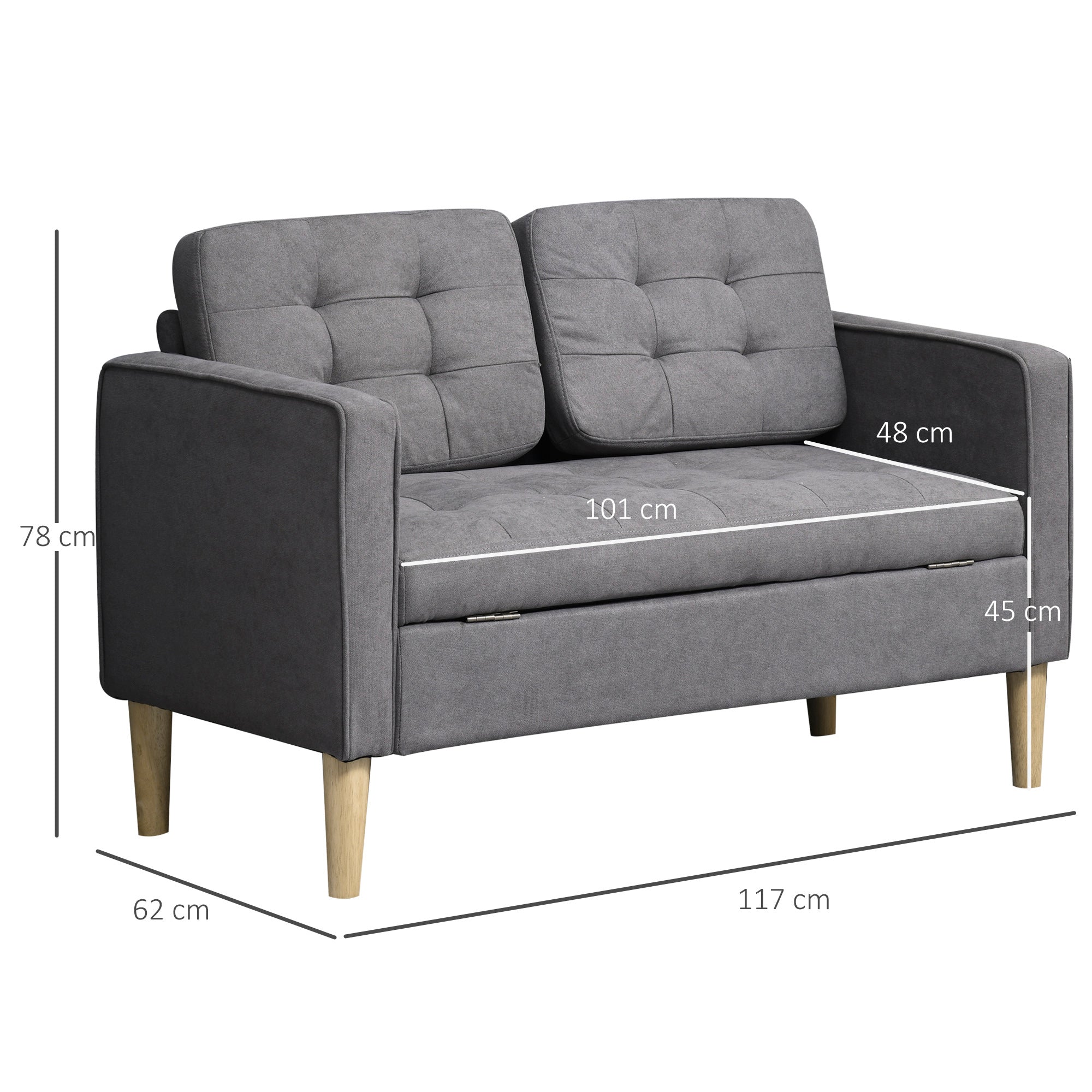 HOMCOM 2 Seater Storage Sofa, Fabric Couch with Hidden Under Seat Storage, Thick Cushions, Compact Space Saving Settee with Rubberwood Legs for Living Room, Apartment, Grey