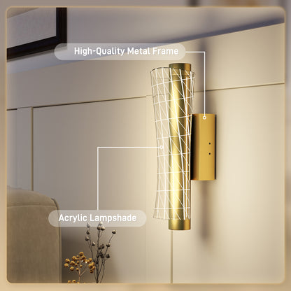 Led Wall Lamp 2 Pack, 9W Modern Indoor Geometric Mesh Wall Light, Colour Temperature Adjustable 3000K/4000K/6500K for Bedroom, Living Room, Hallway, Stairs, Gold Tone