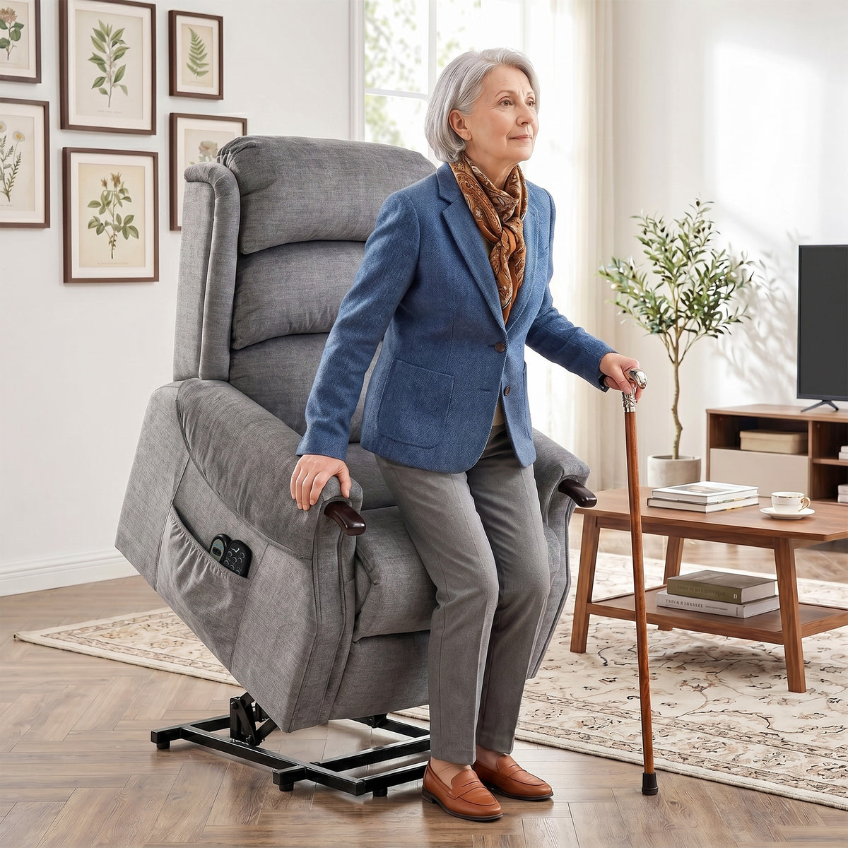Power Lift Recliner with Vibration Massage and Heat, Lift Chair for Tall with Wood Grip, Pocket Spring, Light Grey