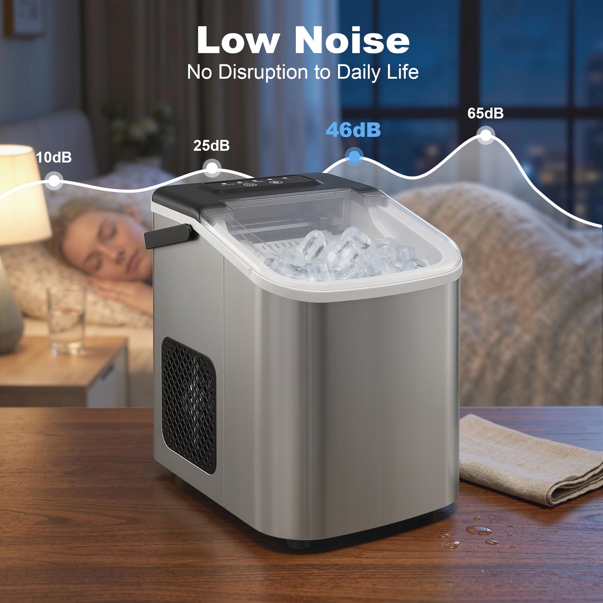 Ice Maker Machine Countertop, 9 Cubes Ready in 7 Mins, 12 KG in 24Hrs, 2 Sizes of Bullet, Self-Cleaning Ice Machine with Handle, Scoop & Basket for Home Kitchen Office RV, Stainless Steel