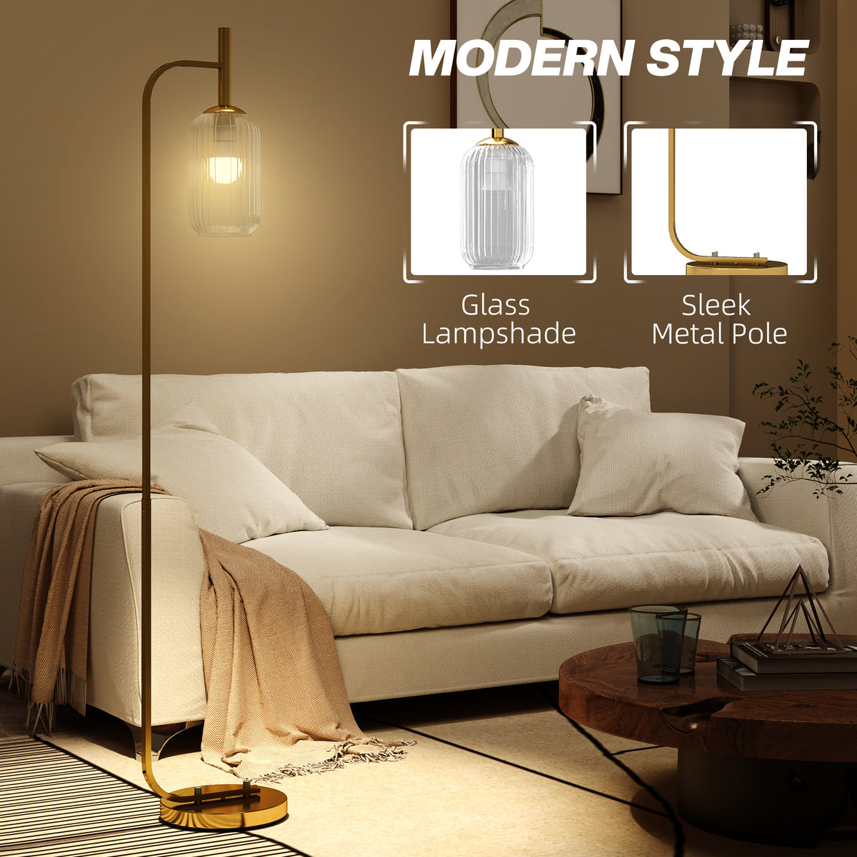 Floor Lamp for Living Room with Glass Lampshade, Modern Standing Lamp with Foot Switch for Bedroom, Bulb not Included, Gold Tone