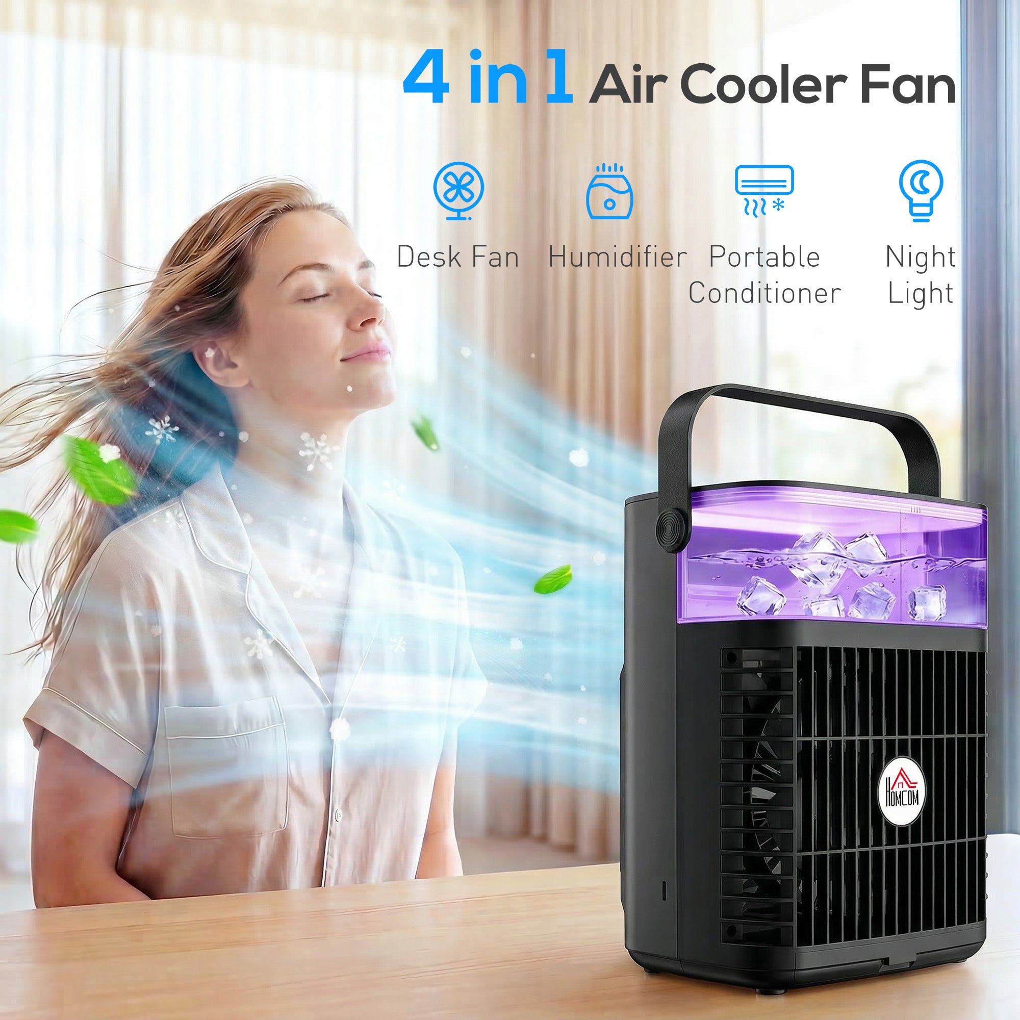 Air Cooler with Adjustable Head, Portable Air Conditioner with 3 Wind Speed, 2 Cool Mist, RGB Light, Black