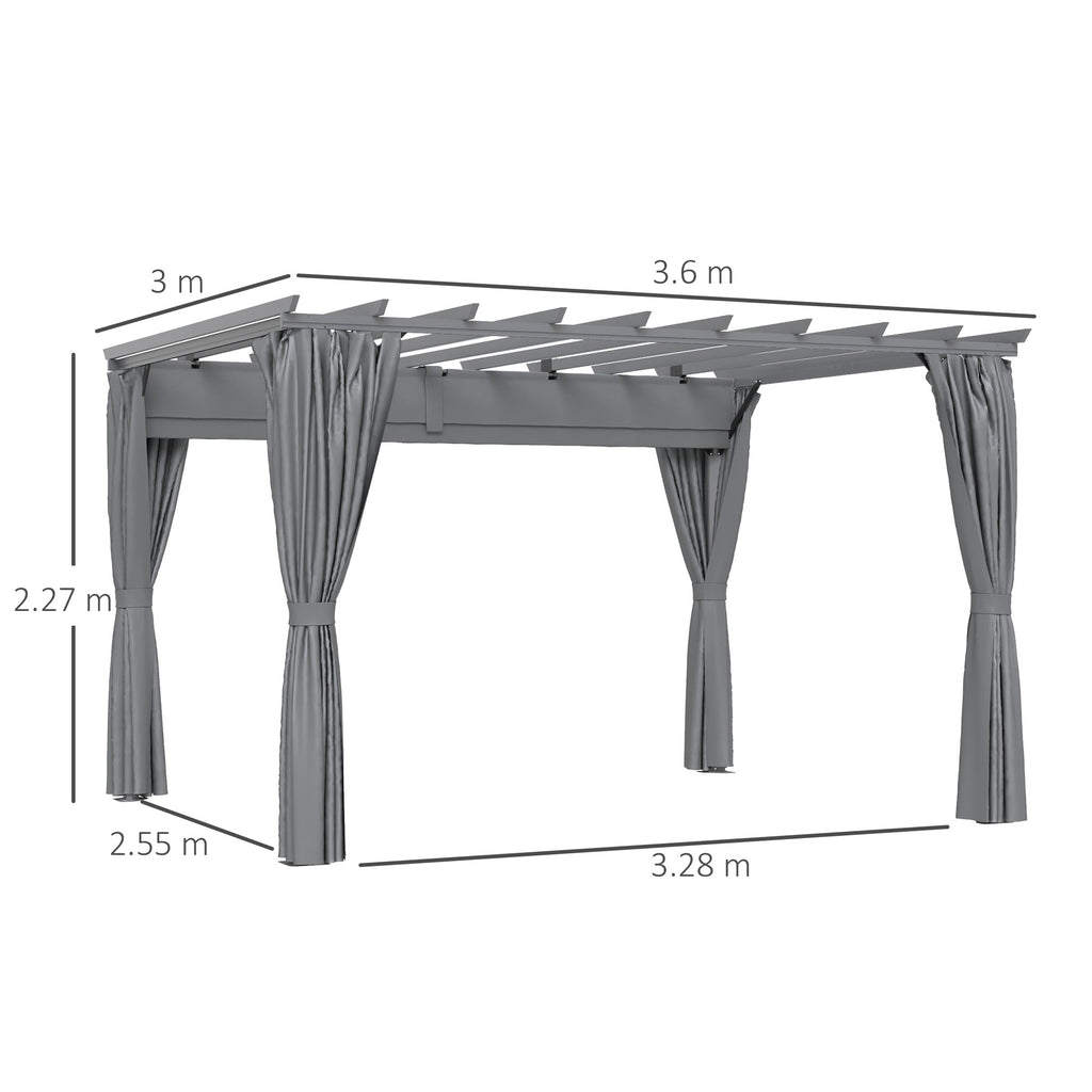 Outsunny 3.6 x 3(m) Outdoor Pergola Gazebo with Retractable Canopy and Curtains Garden Sun Shade, Dark Grey