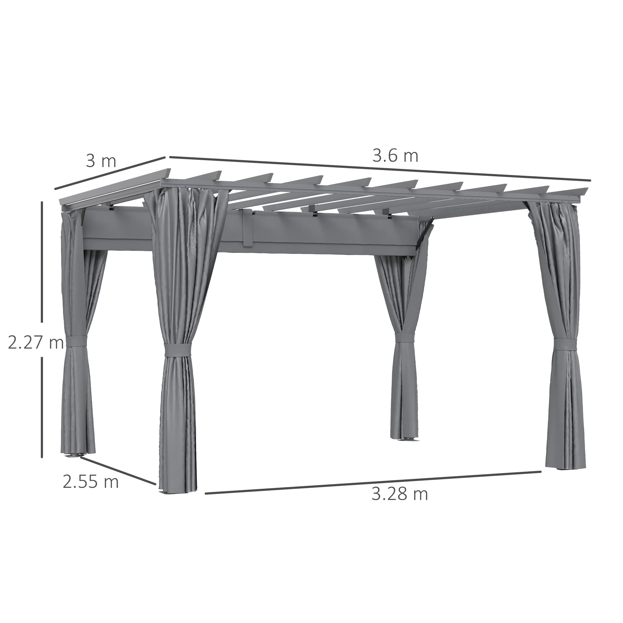 Outsunny 3.6 x 3(m) Outdoor Pergola Gazebo with Retractable Canopy and Curtains Garden Sun Shade, Dark Grey