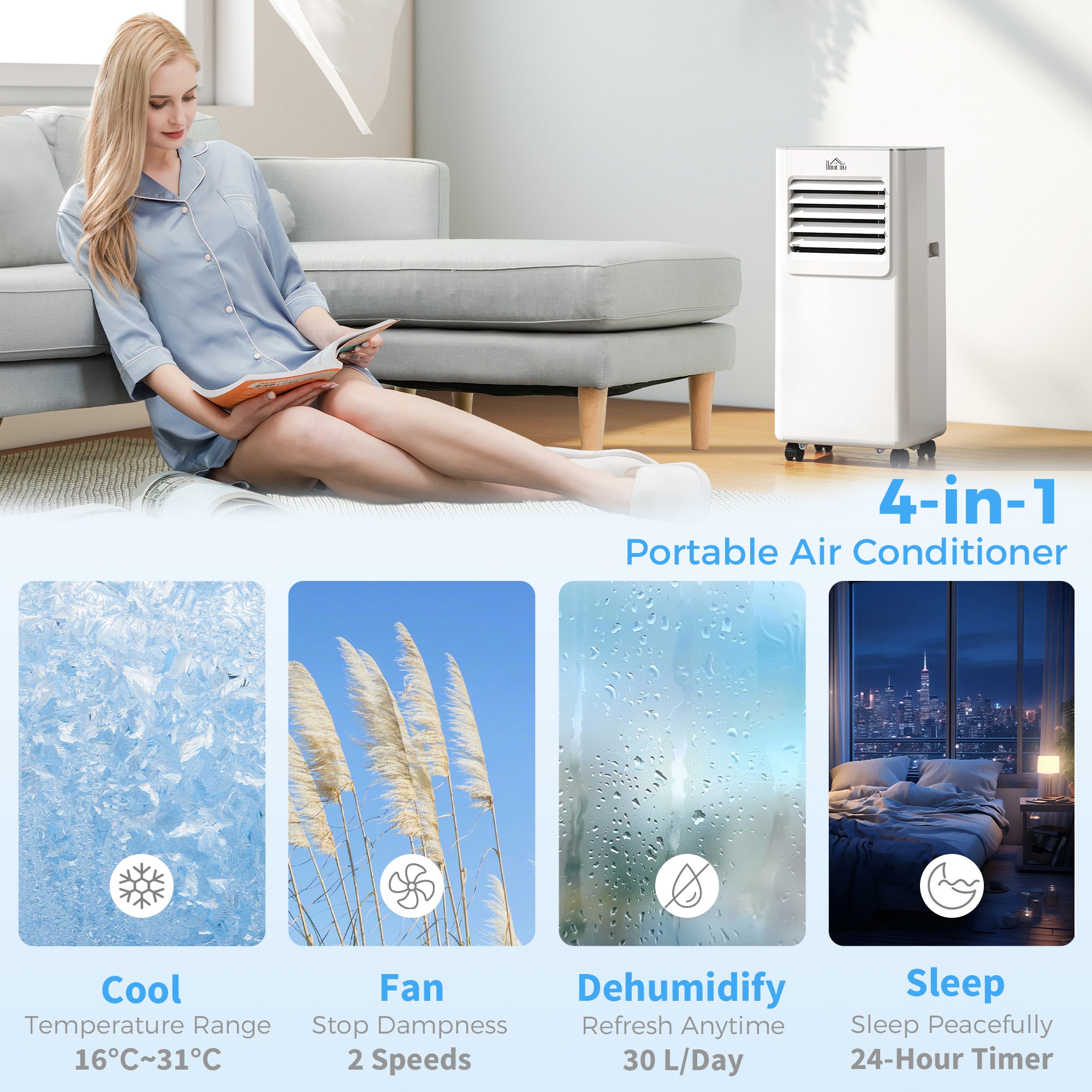 7000 BTU Air Conditioning Unit, 3-in-1 Portable Air Conditioner, Dehumidifier, Cooling Fan with 2 Speeds, 24H Timer, Remote Control, LED Display, Window Venting Kit, 15m²