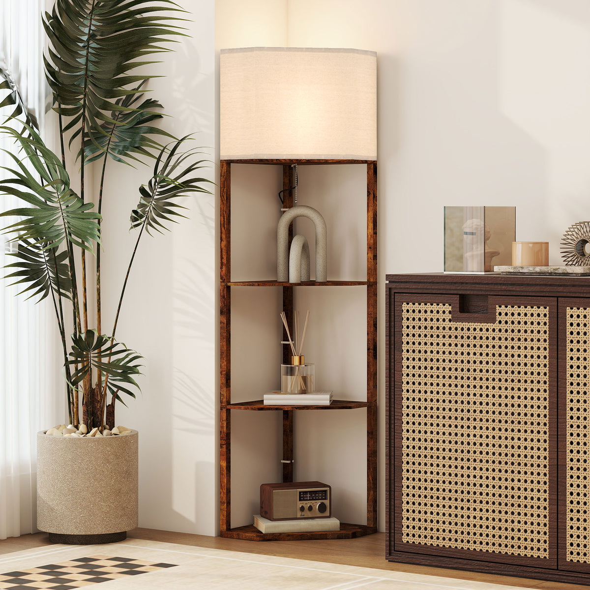 Corner Floor Lamp with Shelves, Tall Standing Lamps for Living Room, with Pull Chain Switch Bulb not Included, Rustic Brown