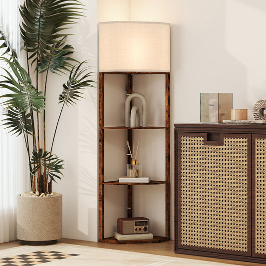 Corner Floor Lamp with Shelves, Tall Standing Lamps for Living Room, with Pull Chain Switch Bulb not Included, Rustic Brown