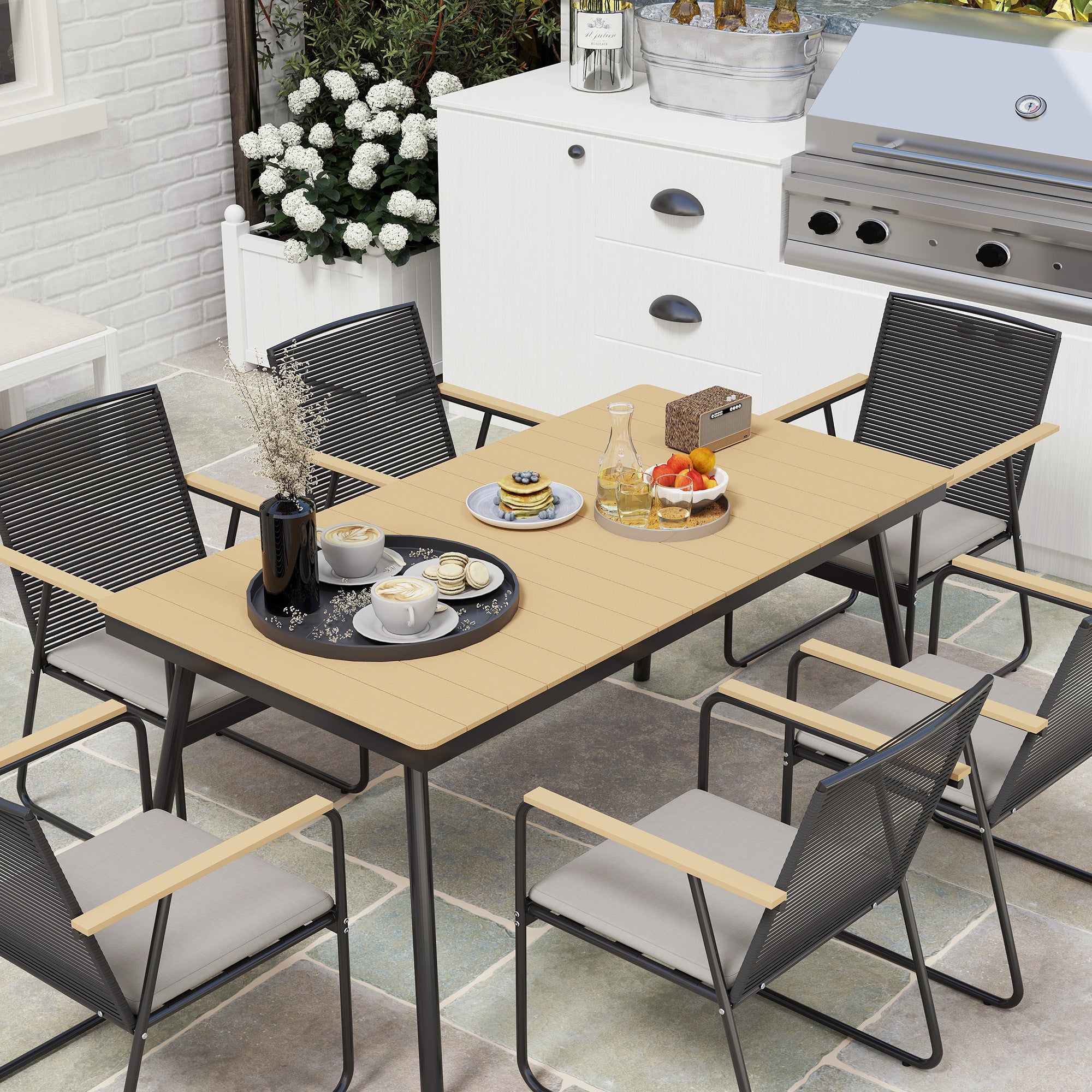 Outsunny 6 Seater Garden Dining Set with Soft Cushions, Rattan Backrest, Rectangular Plastic Top, Garden Furniture Set, Outdoor Dining Table and Chairs for Patio, Balcony, Poolside, Nature Wood Finish