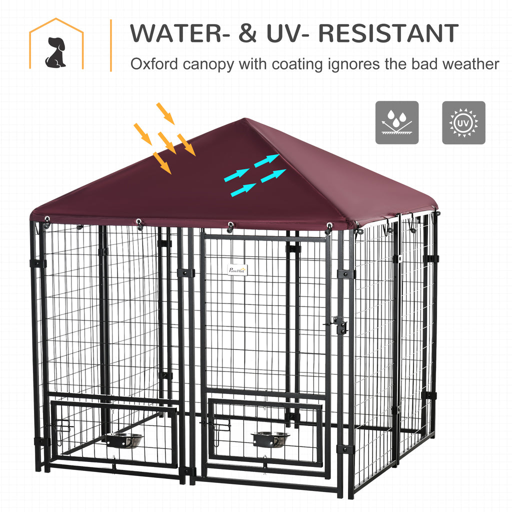 PawHut Outdoor Dog Kennel with Rotating Bowl Holders, Water and UV-Resistant Cover, for Medium, Small Dogs, Red