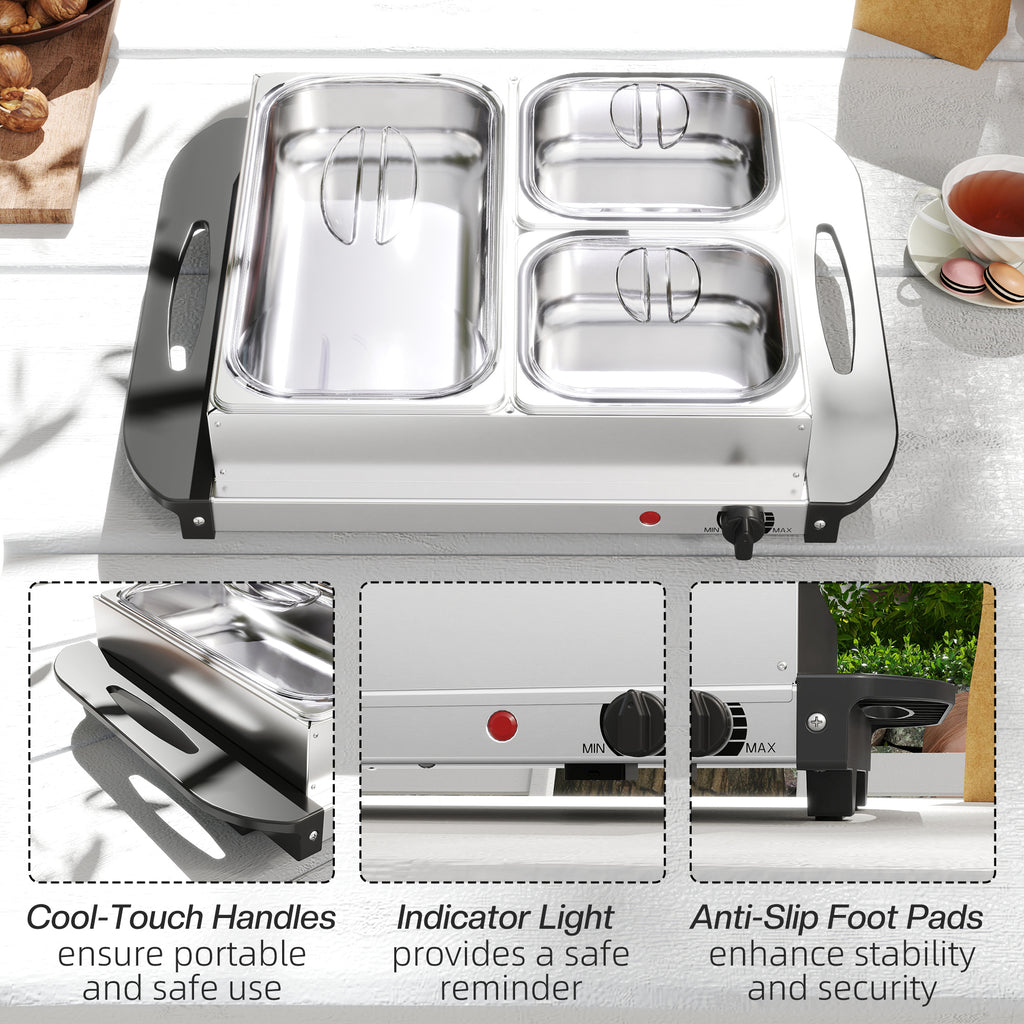 4.5L Stainless Steel Electric Buffet Server, with 3x Trays and Lids, Set of 2