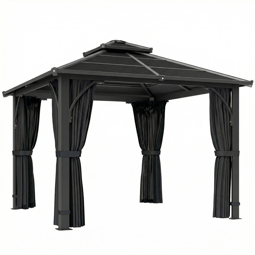 Outsunny 2.5 x 2.5 m Hardtop Gazebo Canopy with 7mm PC Roof, Garden Gazebo Permanent Pavilion with Netting, Curtains, Dark Grey