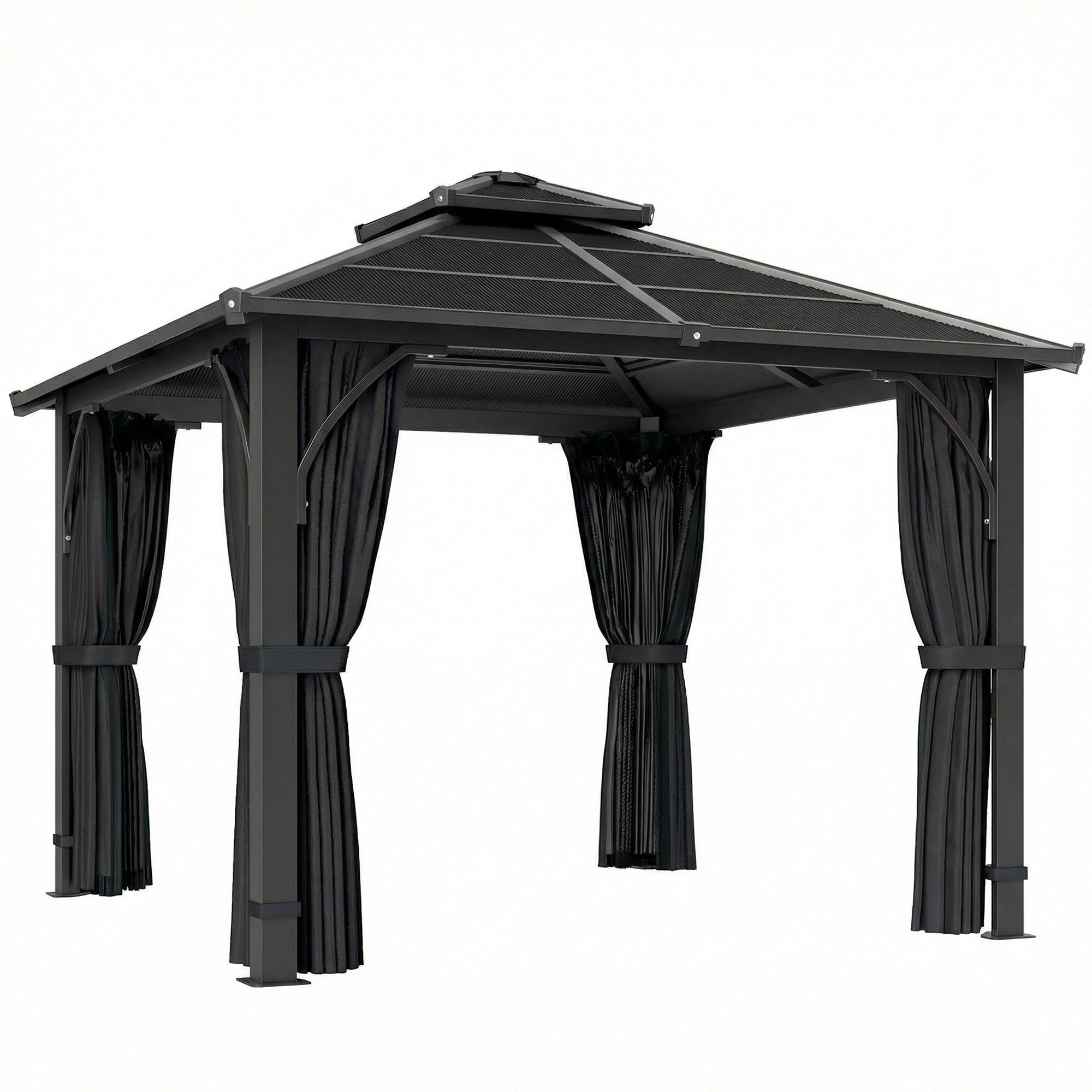Outsunny 2.5 x 2.5 m Hardtop Gazebo Canopy with 7mm PC Roof, Garden Gazebo Permanent Pavilion with Netting, Curtains, Dark Grey