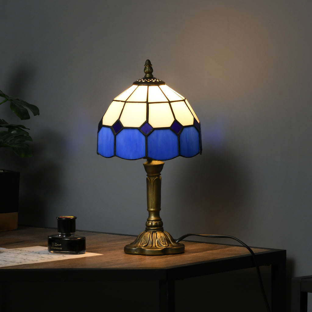 Handmade Art Deco Glass Table Lamp - White/Blue