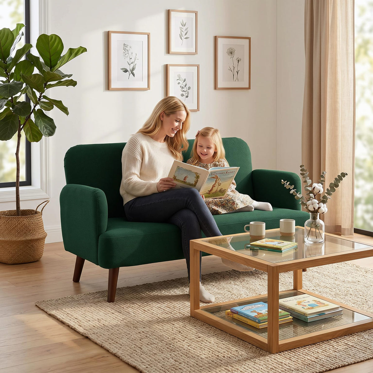 Velvet Feel Fabric 2 Seater Sofa, Small Sofa Loveseat with 21cm Thick Padding and Wood Legs, Dark Green
