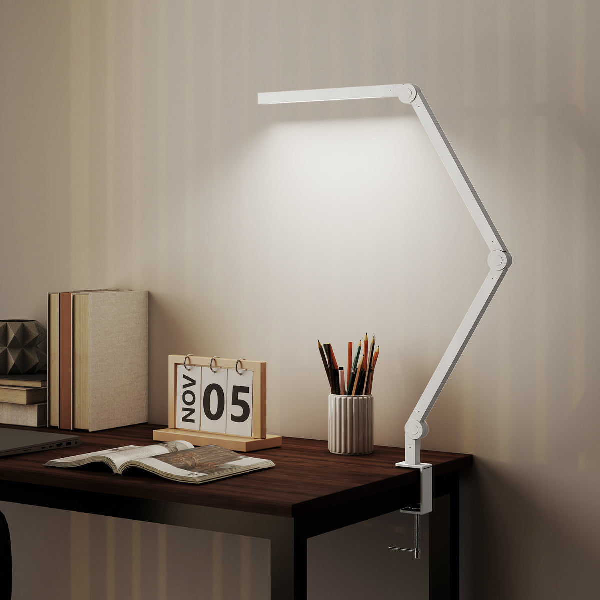 LED Desk Lamp, Dimmable Desk Light with Swing Arm and Clamp, Adjustable Eye-Caring Table Lamp with 2 Colour Modes & 5 Brightness Levels for Study, Drawing, Office, Architect, Task, White