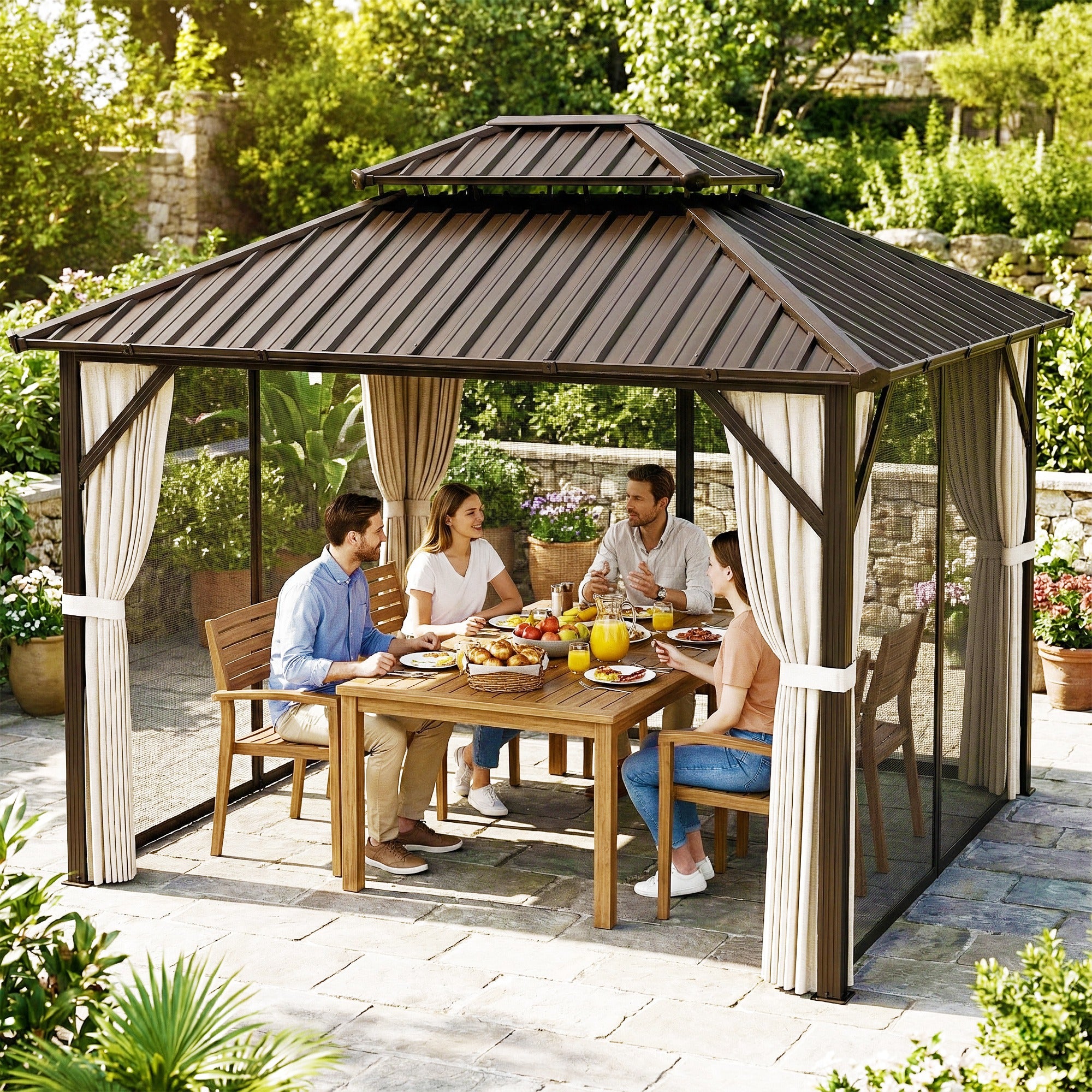 Outsunny 3x3.6 m Hardtop Gazebo Canopy with UPF50+ Double Galvanised Steel Roof, Brown