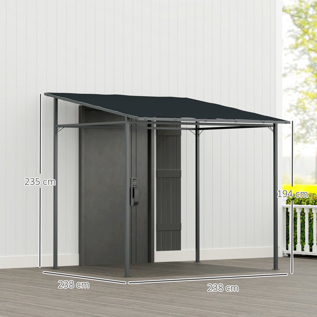 Outsunny 2.4 x 2.4 m Wall Mounted Pergola Gazebo with PA Coating Fabric and Metal Frame, UPF30+, Lean to Garden Gazebo, Wind Resistant Outdoor Sun Shade Shelter for Garden, Deck, Dark Grey