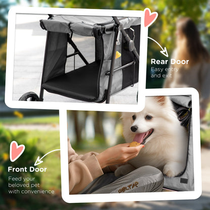 PawHut Dog Pram Dog Stroller 4 Wheels Pet Pushchair with Rolling Door, Cushion, Safety Leashes, for Small and Medium Breeds, Grey