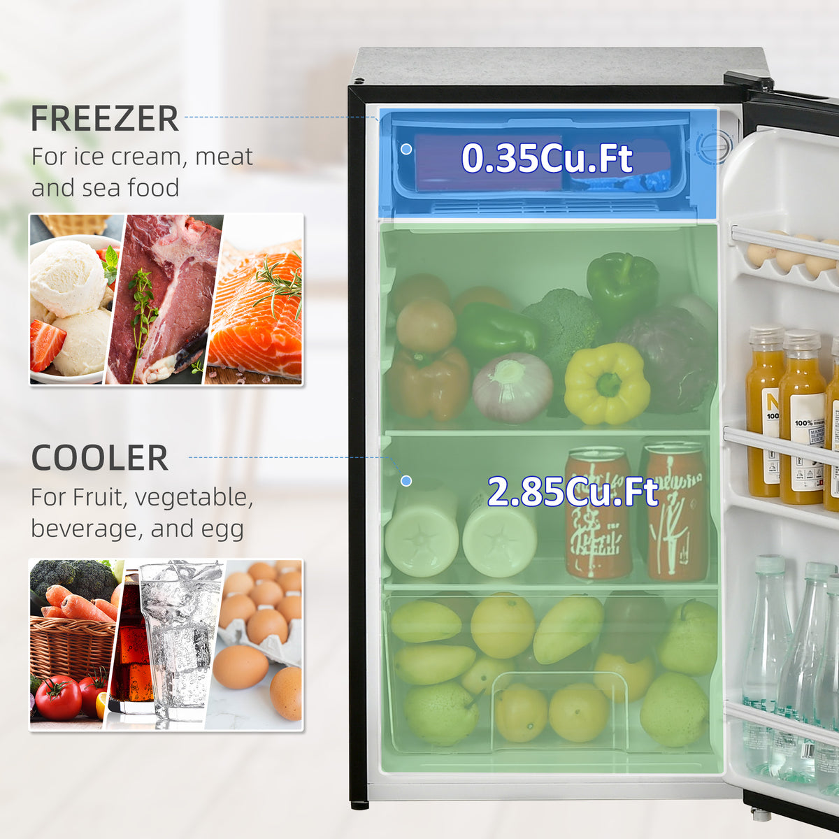 Under Counter Fridge, 91L Small Fridge with Chiller Box, Removable Shelf, Reversible Door, Adjustable Legs, Mini Refrigerator, Black