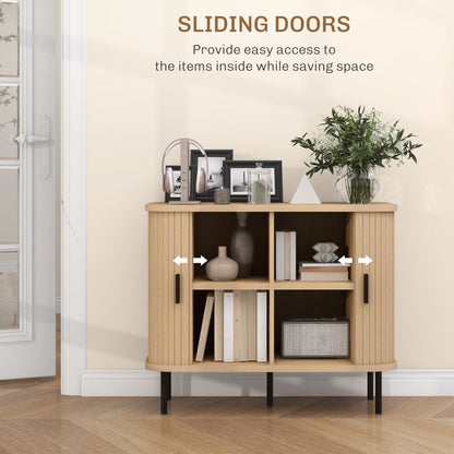 Mid-Century Modern Sideboard Storage Cabinet with Slatted Tambour Sliding Doors, Kitchen Cabinet with Steel Legs, Oak Tone