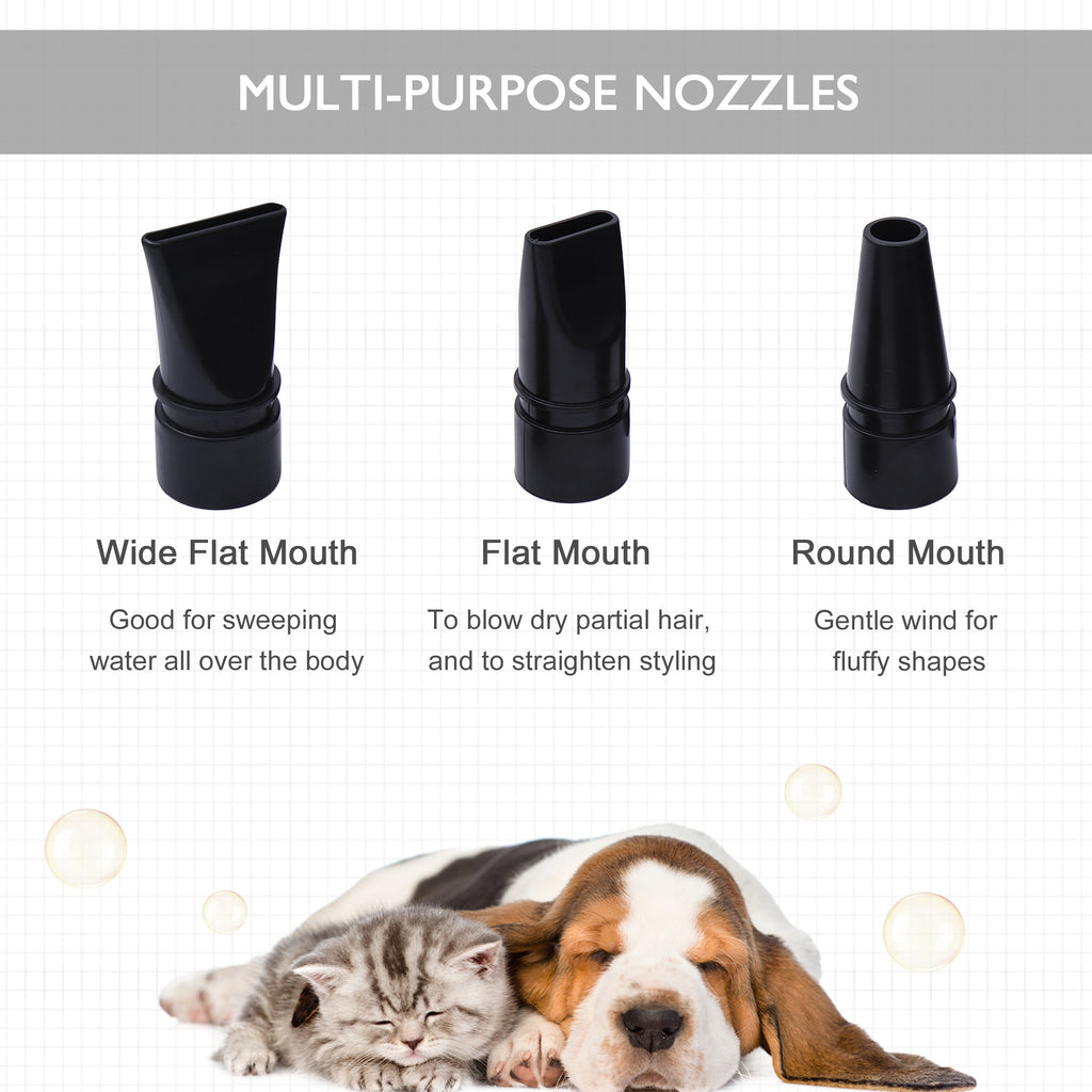 PawHut Dog Hair Dryer Pet Grooming Blaster Dryer Blower Adjustable Temperature Speed with 2.1M Flexible Hose 3 Nozzles - Black
