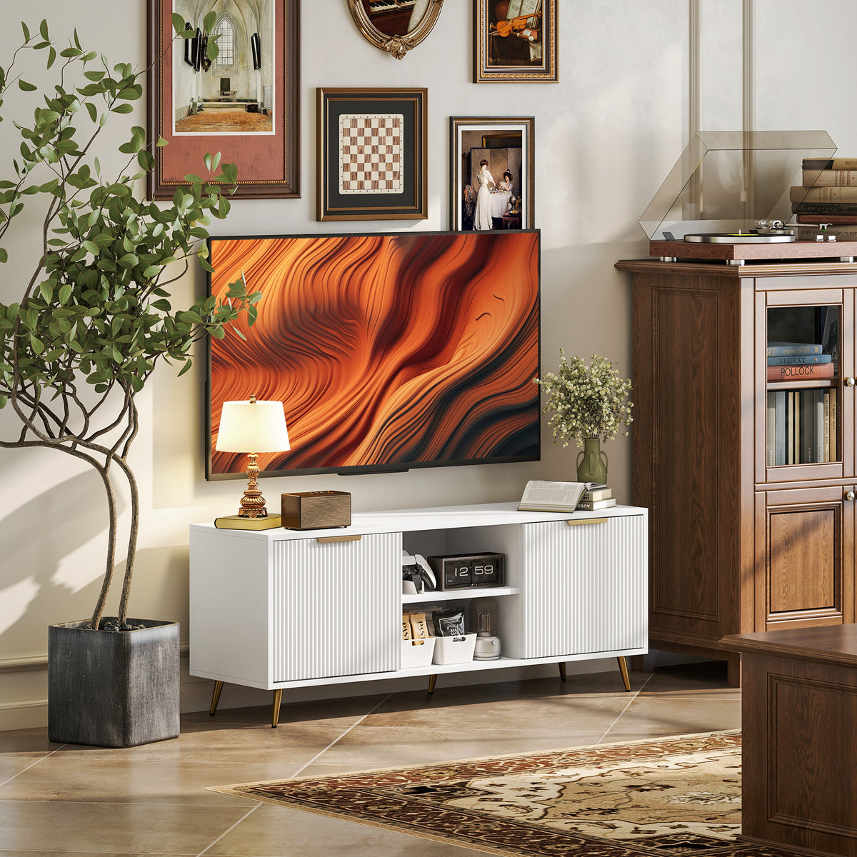Modern TV Stand Cabinet for TVs up to 55", TV Unit with 2 Open Shelves and 2 Cabinets, Entertainment Centre with Cable Management for Living Room, White