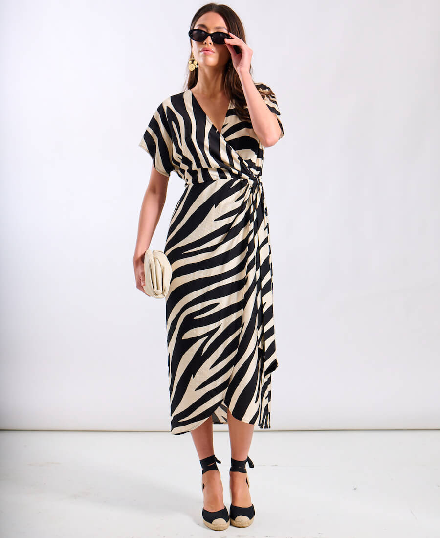 Cream Animal Viscose Wrap Midi Dress
