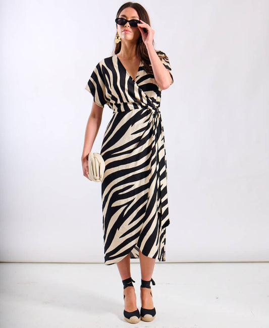 Cream Animal Viscose Wrap Midi Dress