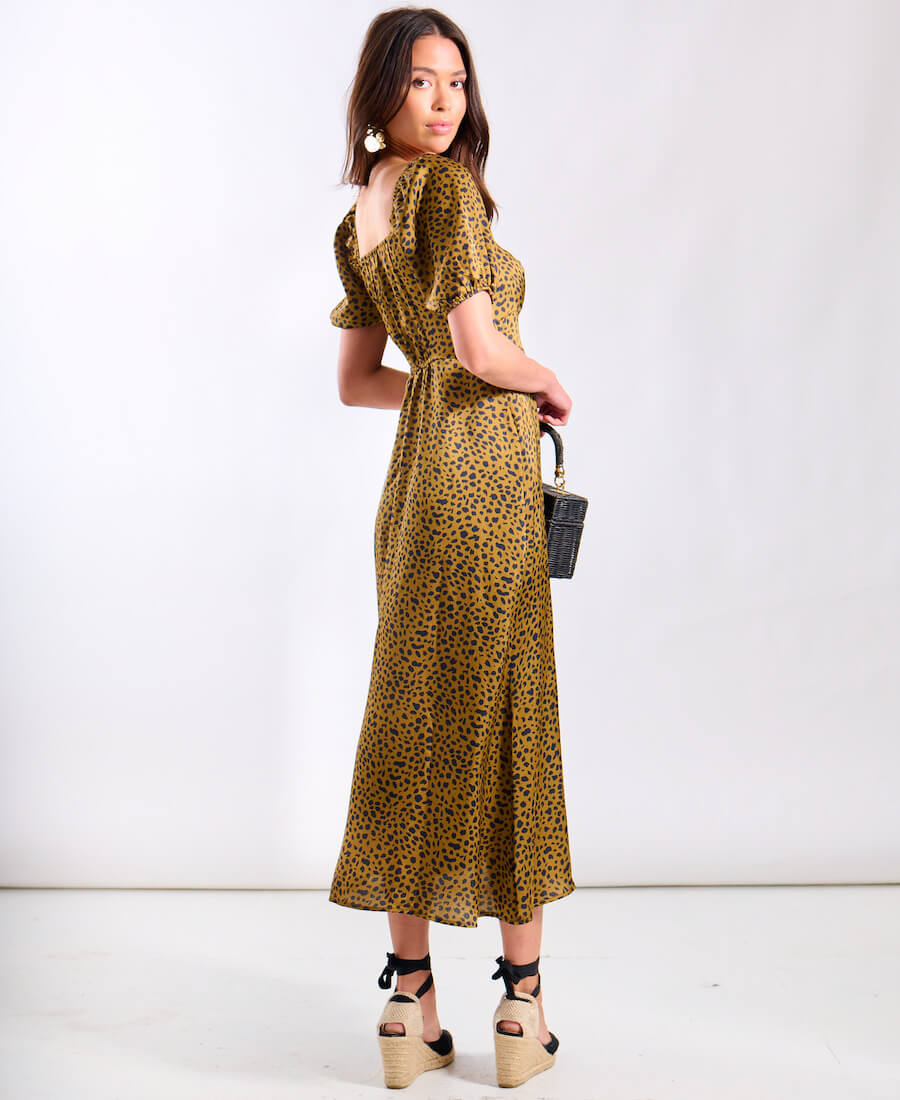 Brown Animal Satin Sweetheart Neck Midi Dress