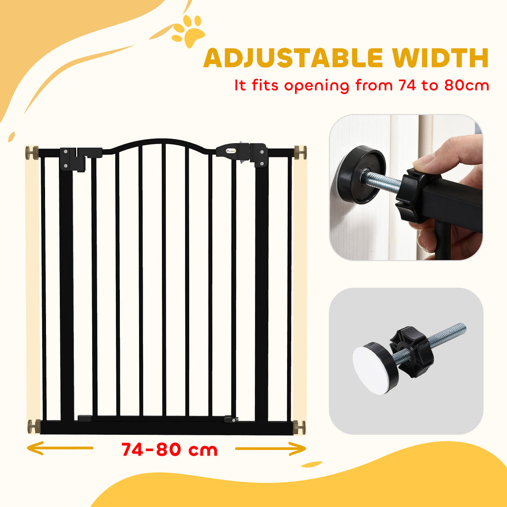 PawHut Metal 74-80cm Adjustable Pet Gate Safety Barrier w/ Auto-Close Door Black