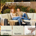 Outsunny 7 Pieces PE Rattan Garden Furniture Set, 50,000 BTU Gas Fire Pit Table, Double Corner Sofa and 3 Footstools