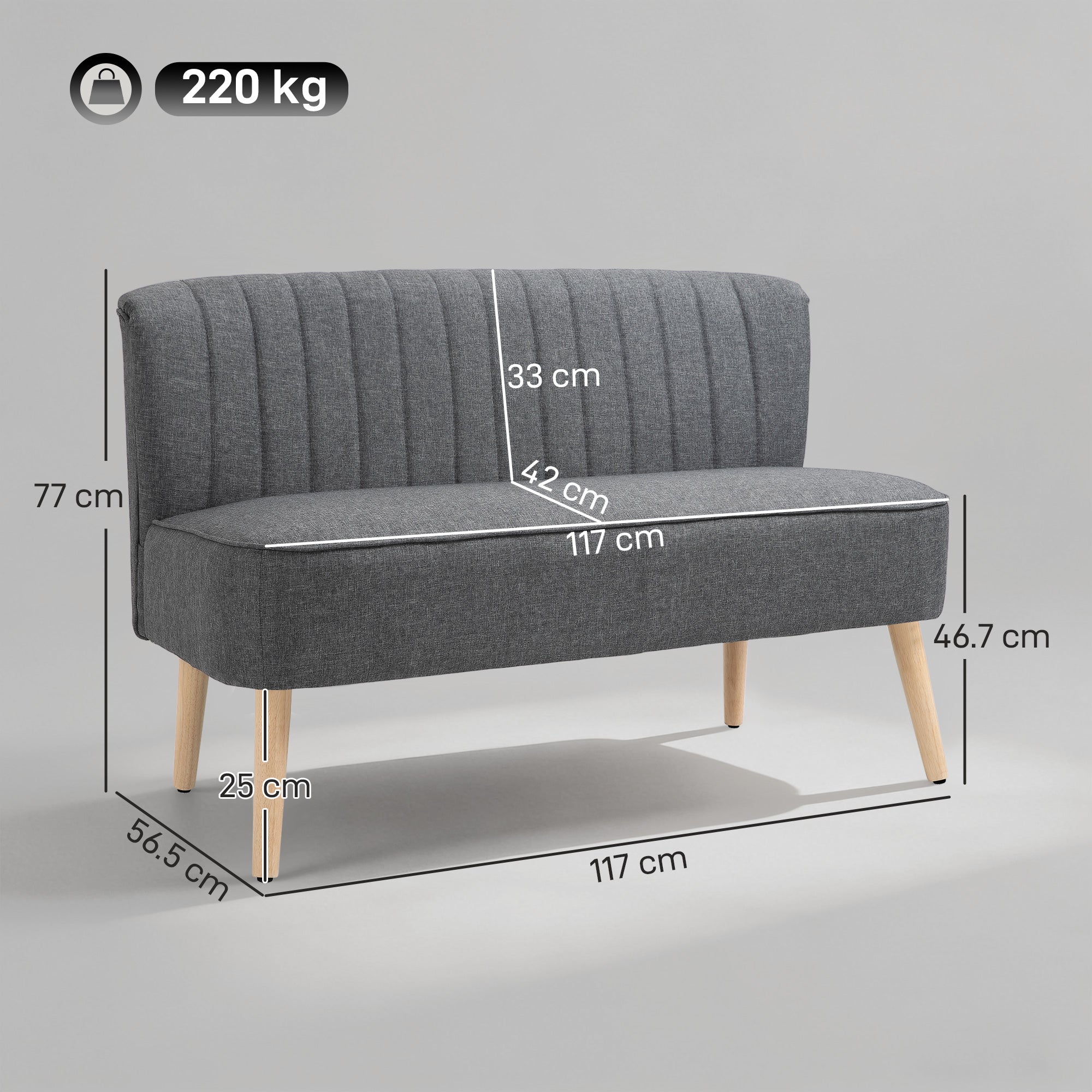 HOMCOM 117cm Loveseat Sofa Upholstered Small 2 Seater Sofa with Thick Padded Seat and Rubber Wood Legs, Grey