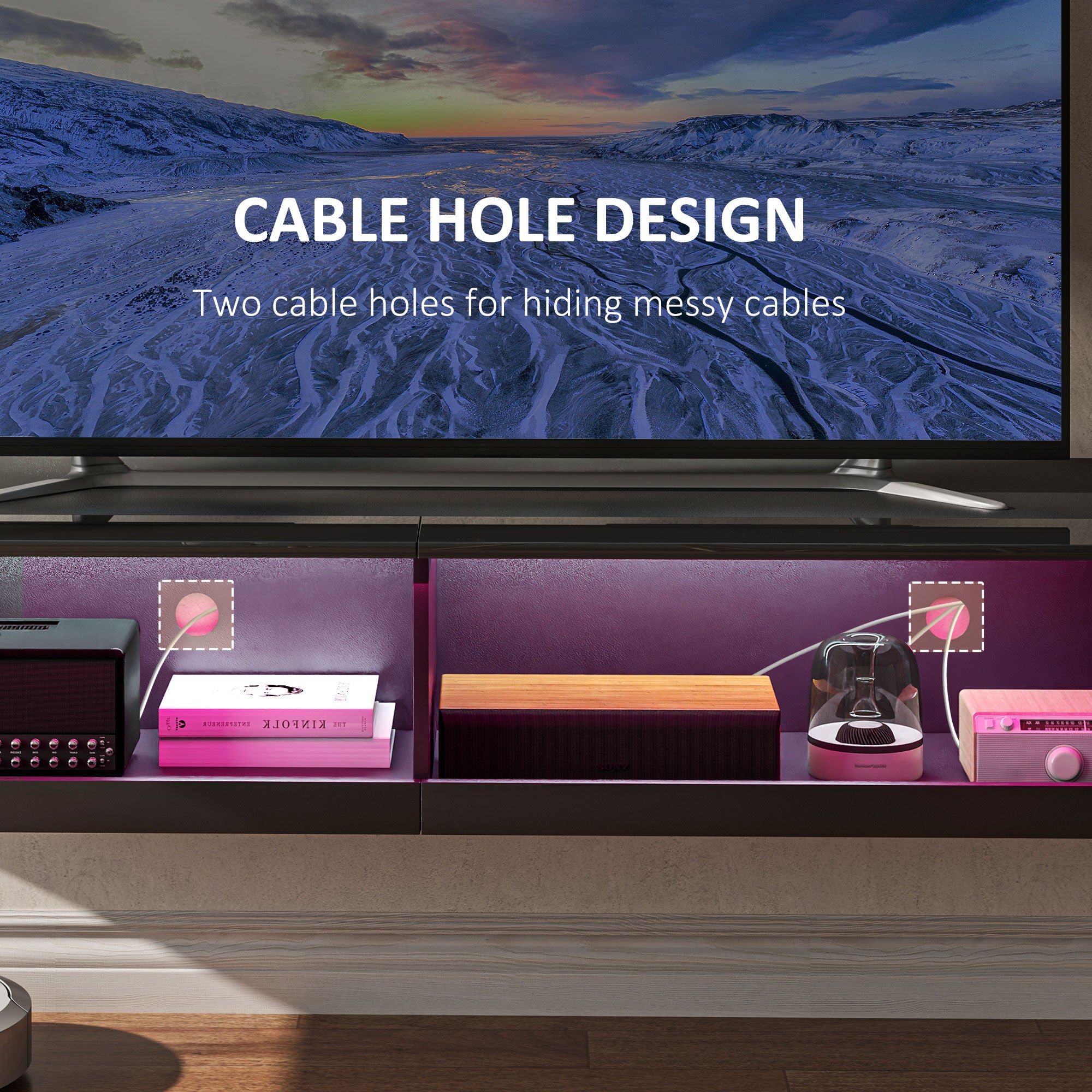 Floating TV Unit, Wall Mounted TV Cabinet for TVs up to 65", High Gloss Media Wall Unit with LED Lights, Storage Shelves, APP Control for Living Entertainment Room, Black
