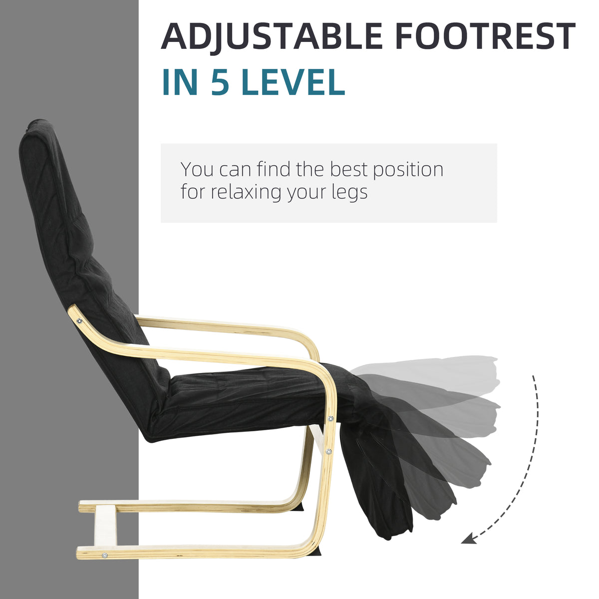 Wooden Armchair, Upholstered Linen Lounge Chair with Adjustable Footrest & Removable Cushion, Poang Chair for Living Room, Black