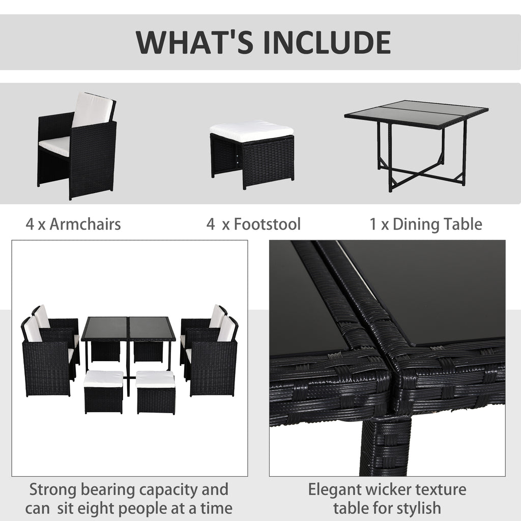Outsunny 9 Piece Rattan Cube Garden Furniture Dining Set with Armchairs, Footstools and Glass-Top Table, Black