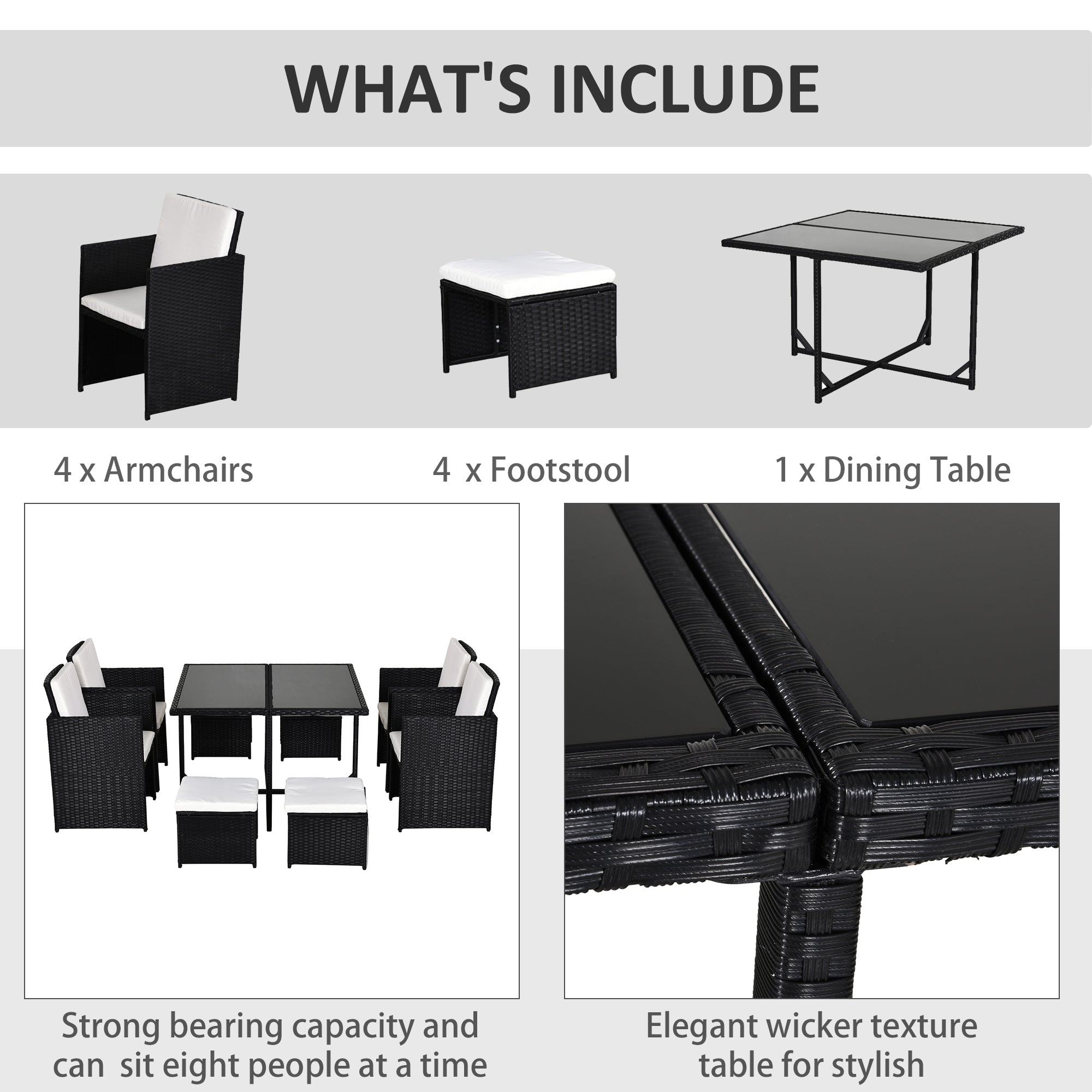 Outsunny 9 Piece Rattan Cube Garden Furniture Dining Set with Armchairs, Footstools and Glass-Top Table, Black