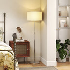 Floor Lamp with Remote, Height Adjustable Standing Lamp with Linen Shade, Dimmable with 3000K-6000K Adjustable Colour Temperatures, Foot Switch for Living Room Bedroom Office, Silver Tone