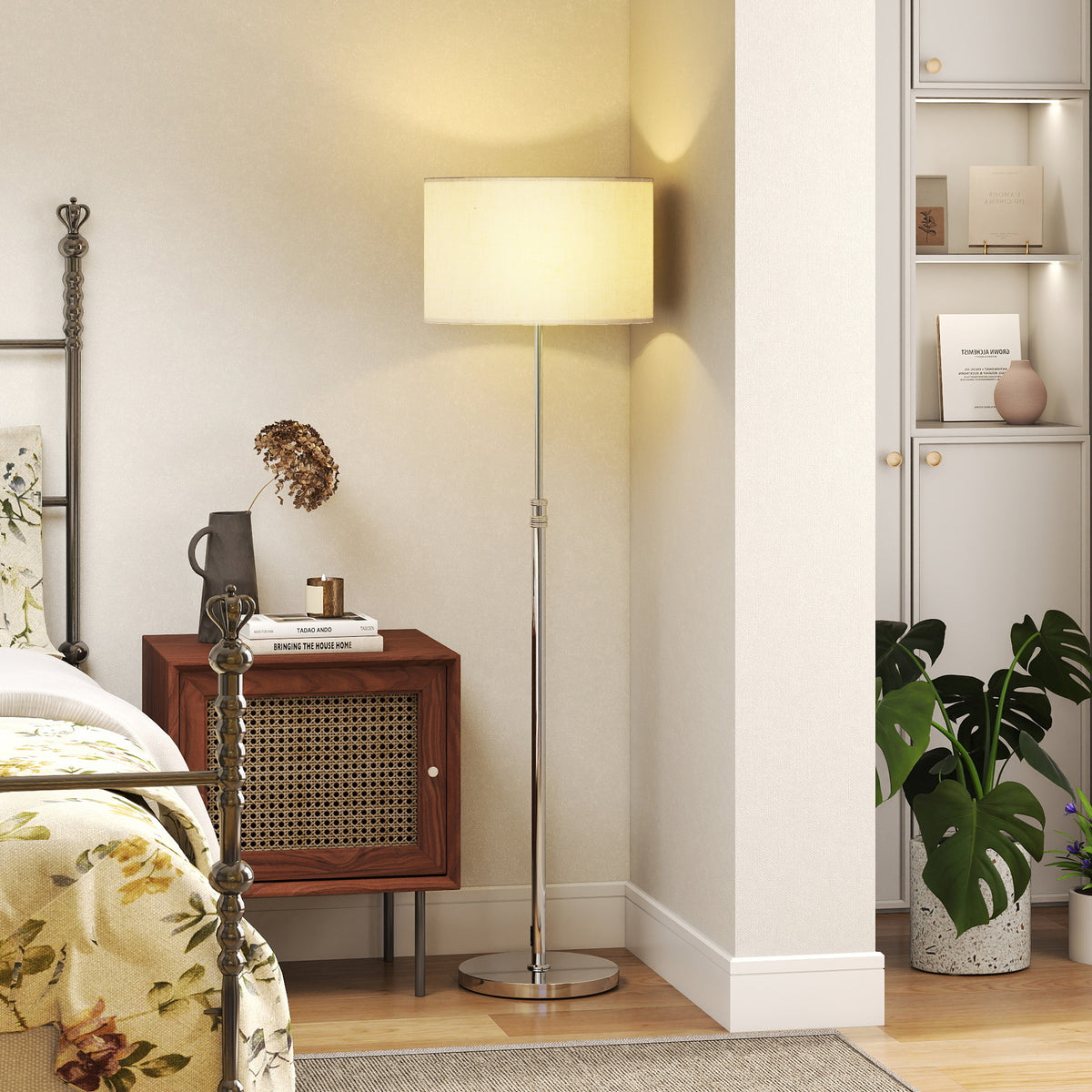 Floor Lamp with Remote, Height Adjustable Standing Lamp with Linen Shade, Dimmable with 3000K-6000K Adjustable Colour Temperatures, Foot Switch for Living Room Bedroom Office, Silver Tone
