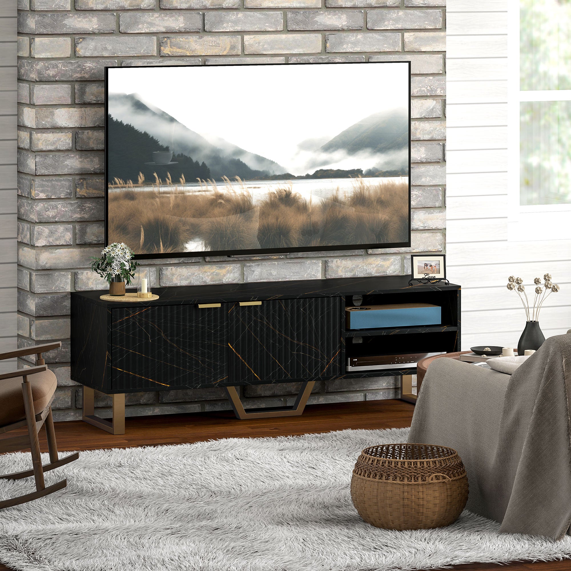 Marble Effect TV Unit, Modern TV Stand Cabinet for up to 70" TVs, with Shelves and Storage Cupboard, Fluted Door, Extra Centre Leg, Cable Management for Living Room, Black
