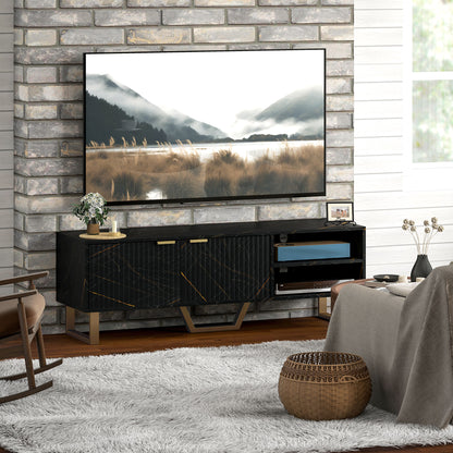 Marble Effect TV Unit, Modern TV Stand Cabinet for up to 70" TVs, with Shelves and Storage Cupboard, Fluted Door, Extra Centre Leg, Cable Management for Living Room, Black