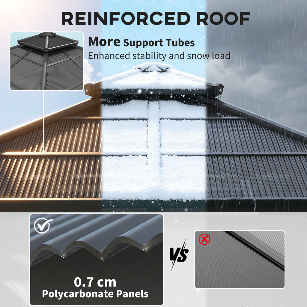 Outsunny 3 x 3(m) Hardtop Gazebo Canopy with 7mm Polycarbonate Double-Tier Roof, Garden Gazebo Permanent Pavilion with Mosquito Netting and Curtains for Patio, Terrace, Dark Grey